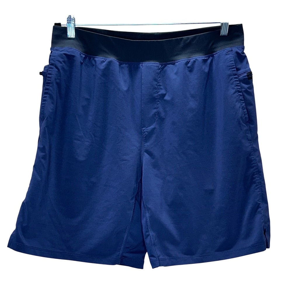 Fabletics Men's Lined‎ Athletic Training Shorts Navy Blue Zipper Pockets L Large